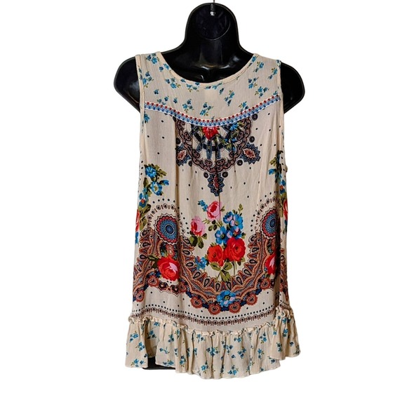 Bila Sleeveless Boho Hippie Cream Print Loose Fit Top Size Medium - Picture 2 of 7